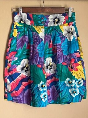 Vintage Petite Sophisticate Teal, Purple, Yellow Floral Skirt 100% Silk